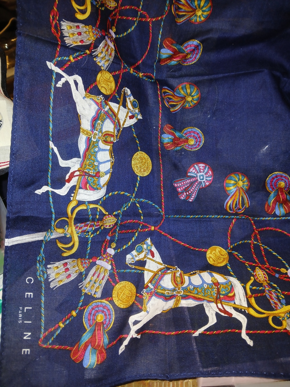 Rare Celine Navy Equestrian Print Silk Scarf